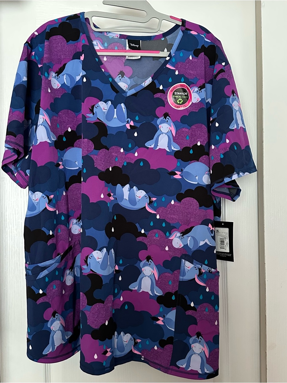 Disney Eeyore Print V-Neck Scrub Top - Navy, Purple & Light Blue